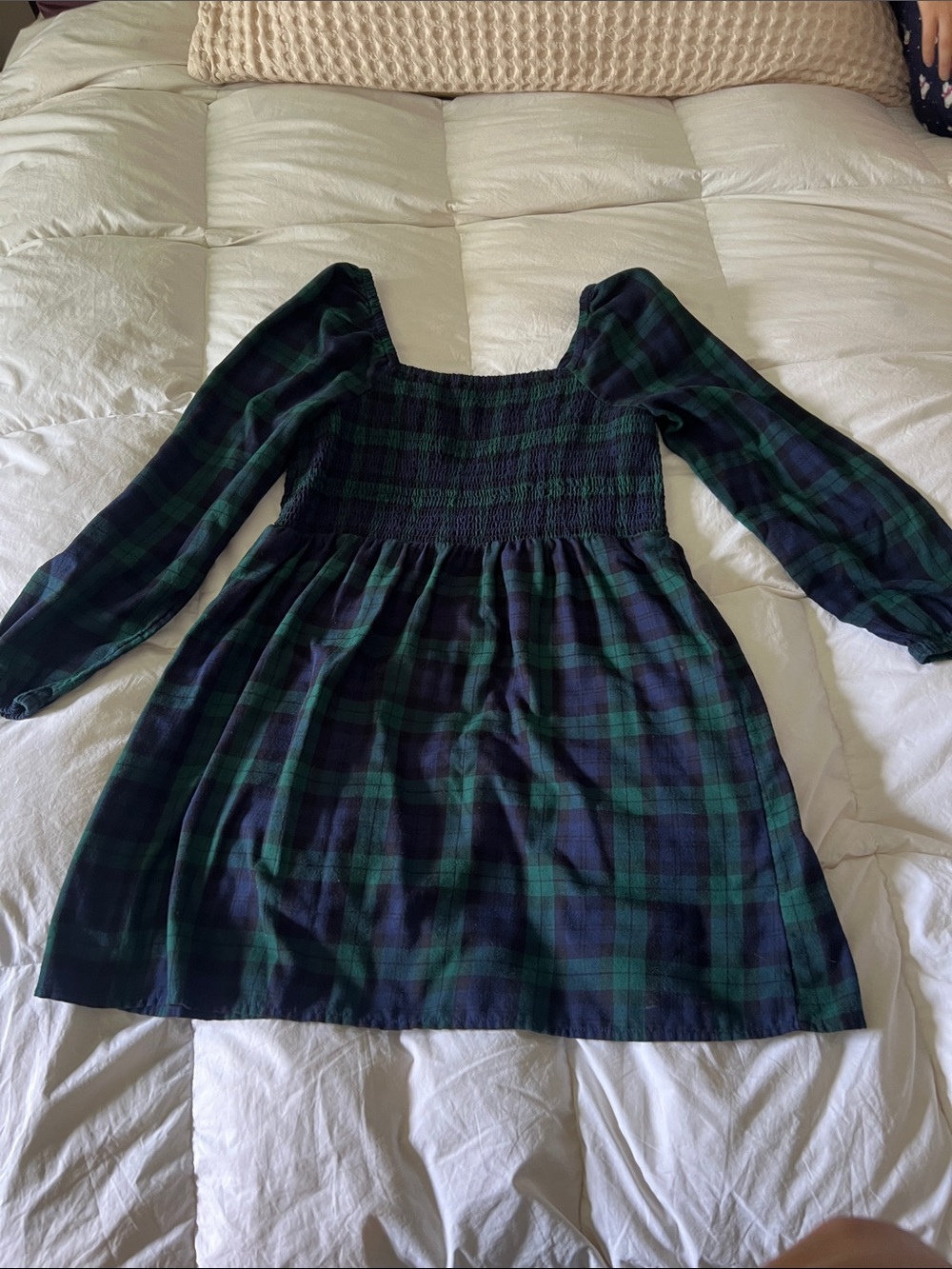 Sugar Green & Navy Plaid Smocked Bodice Dress